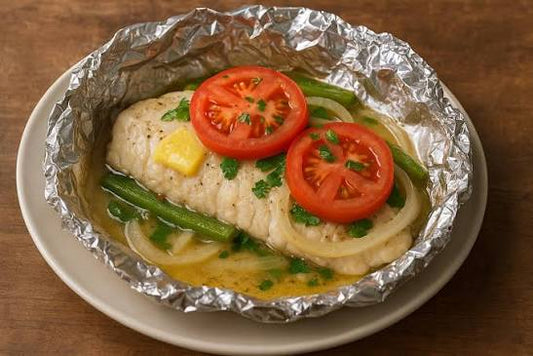 Lobina Rayada en Papel Aluminio con Verduras