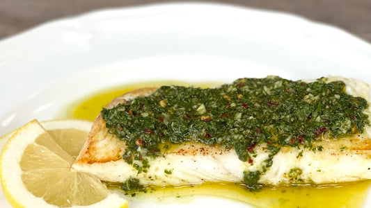 Halibut a la parrilla con chimichurri