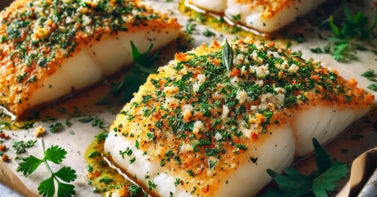Halibut al horno con costra de hierbas