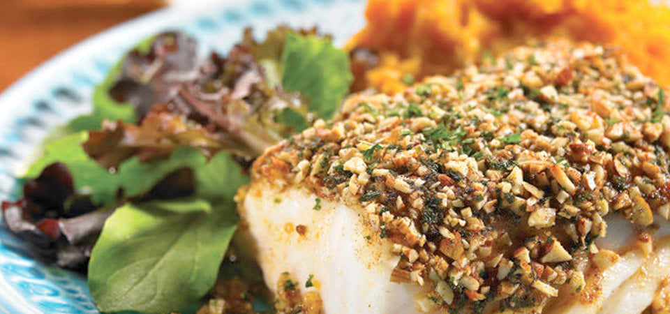 Halibut con costra de almendras