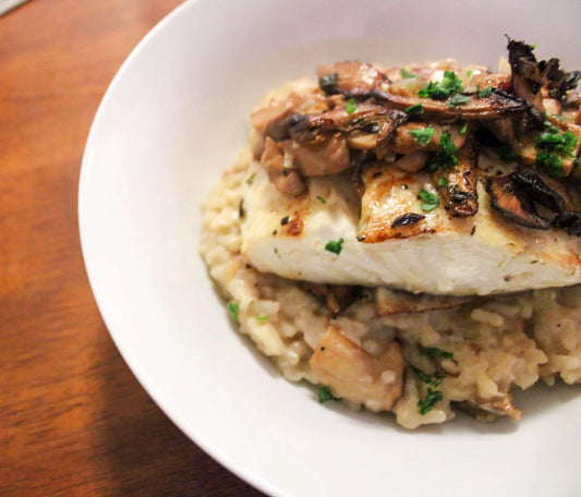 Halibut con risotto de hongos