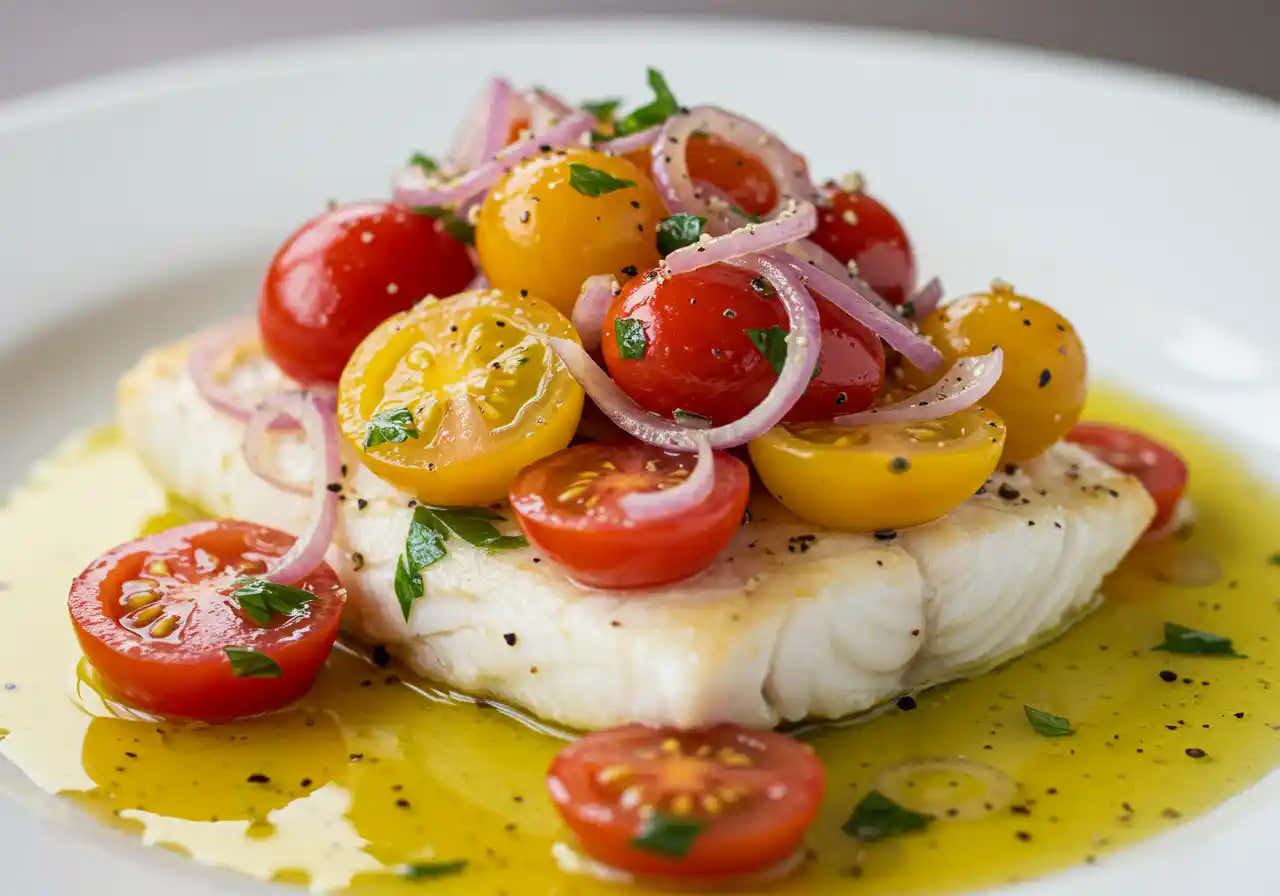 Halibut en papillote con tomate cherry y aceitunas