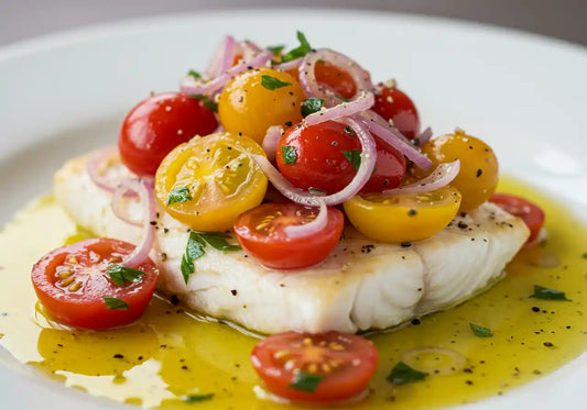 Halibut en papillote con tomate cherry y aceitunas